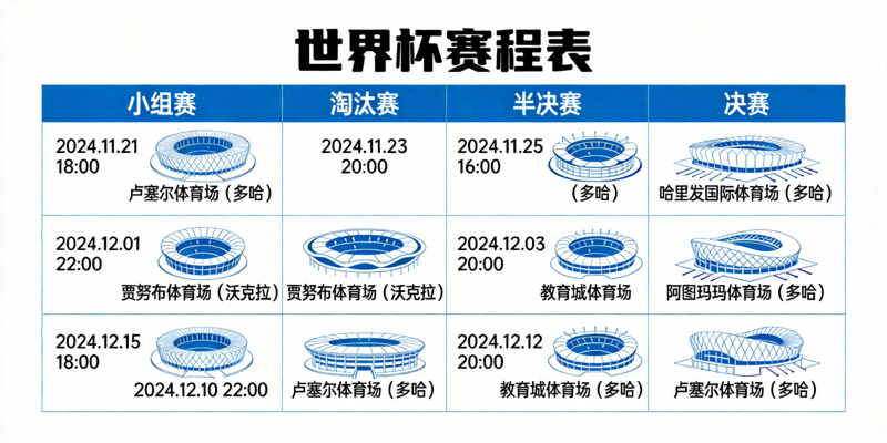 世界杯赛程表显示各阶段比赛日期与场馆信息